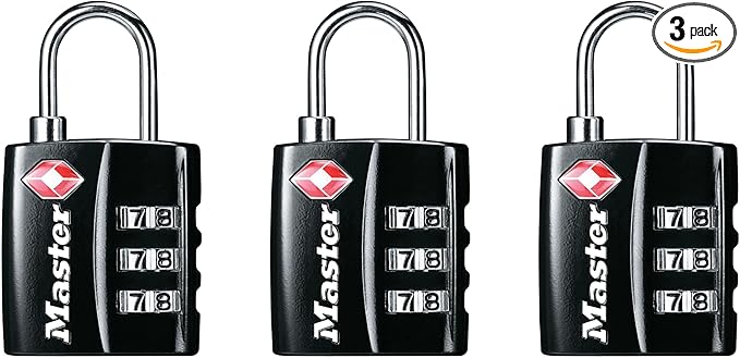 Master Lock TSA Approved Luggage Lock Black Backpack Lock 3-Pack 4680BLKEC3 | TSA Accepted Luggage Lock For Suitcases, Backpacks, Travel Bags, Airport Security, Brass, 7/8-inch Long Steel Shackle by Unknown