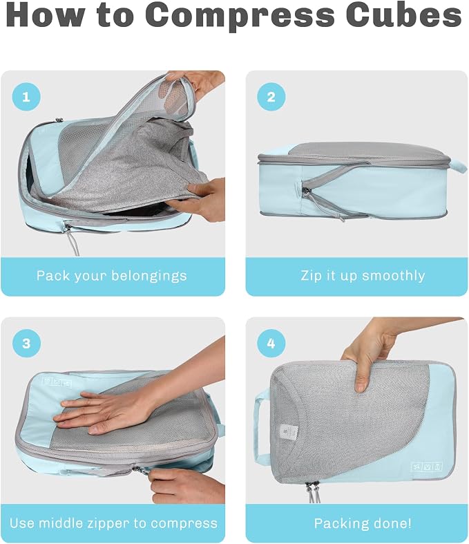 6 Set/ 4 Set/ 2 Set Compression Packing Cubes Travel Essentials Lightweight Nylon Luggage Suitcase Organizer Bag Light Blue 2PCS - Image 6