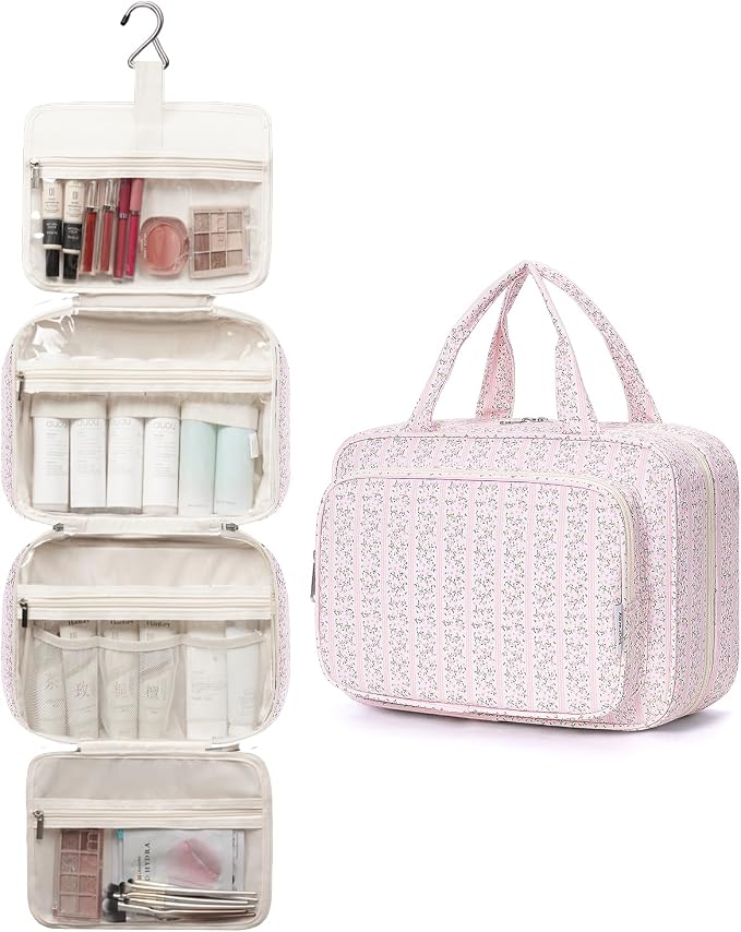 Narwey Travel Toiletry Bag for Women Large Hanging Makeup Bag Organizer Toiletries Bag for Full Size Essentials Accessories Cosmetics (Pink Flower Buds (Large)) - Image 4