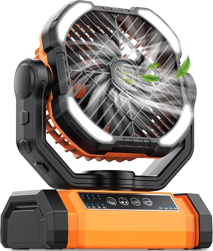 Camping Fan Rechargeable, Large Capacity Battery Powered Fans - Orange | LED Light, 4-Speed, Cordless, Hanging Hook, 270° Adjustable, Quiet, Lightweight, Battery Operated Fan for Tent Beach Outdoor by UUYEE