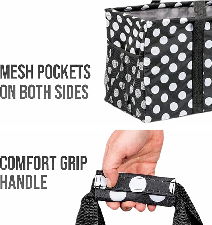 Extra Large Utility Tote Bag - Oversized Collapsible Reusable Wire Frame Rectangular Canvas Basket With Two Exterior Pockets For Beach, Pool, Laundry, Car Trunk, Storage - White Polka Dot - Image 8