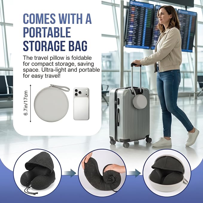 Airplane Neck Pillow with Outer Box–Memory Foam U-Shape, Supportive for Sleep, Adjustable Support Clasp. Midnight Black. Outer Box Buckle Saves Luggage Space - Image 2