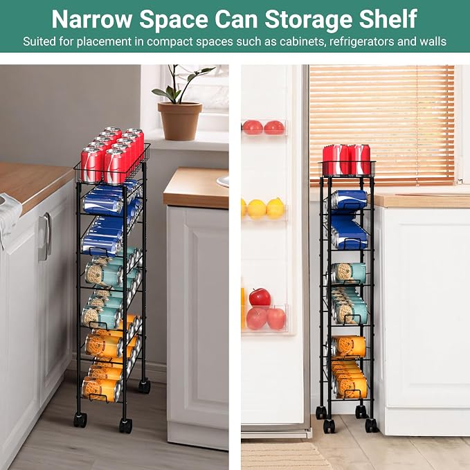 MOOACE Slim Soda Can Organizer Rack, Canned Food Organizer with Wheels | Cans Dispenser Shelf, Rolling Kitchen Storage Carts, Beverage Soup Cans Drink Holder for Pantry Narrow Space, Black - Image 5