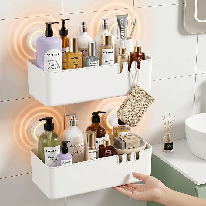 Shower Caddy Suction 2 Pack, Drill-Free Removable Bathroom Organizer | Plastic Storage Shelf Holds Up To 22lbs, For Shampoo Body Wash Conditioner, Kitchen & Bathroom Use, White by Unknown