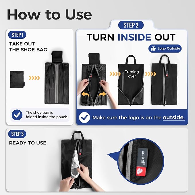 pack all Foldable Shoe Bag for Travel, Dual Pocket Shoe Pouch for Sports | Ultralight, Water-Resistant, Odor-Resistant, Dustproof, Portable, Soccer Cleats & Gym Storage, Fits Up to Size 16, Black - Image 4