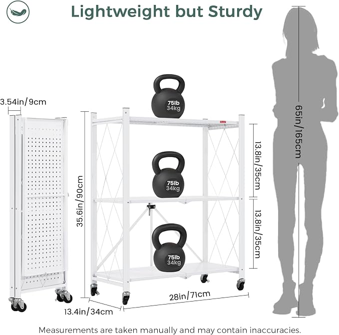DEANIC 3 Tier Foldable Storage Shelves with Wheels, Kitchen Appliance Stand, Freestanding Metal Wire Shelf Rack, No Assembly Organizer Rolling Cart for Garage, Basement, Pantry(White) - Image 3