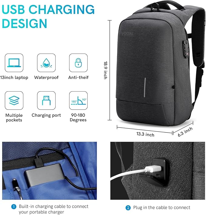 VGOAL Travel Backpack 17 inch Anti Theft Laptop Bag for Men Women | Durable WaterProof,USB Charging Port,Combination Lock,50L Lightweight Large,Carry on Business Backpack,Grey - Image 3
