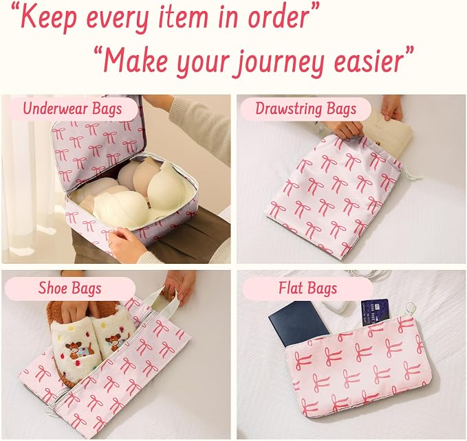 9 Set Packing Cubes for Travel Essentials - Lightweight Carry-On Luggage Organizer Bags with Shoe, Clothes & Laundry Bags for Airplane, Family & Business Travel, Pink bow - Image 5