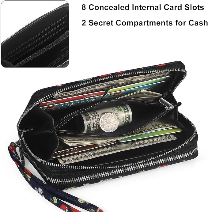 RFID Blocking Cellphone Wallet for Women with Wrist Strap, Double Zipper Travel Clutch Purse Large Capacity, Cherry - Image 4