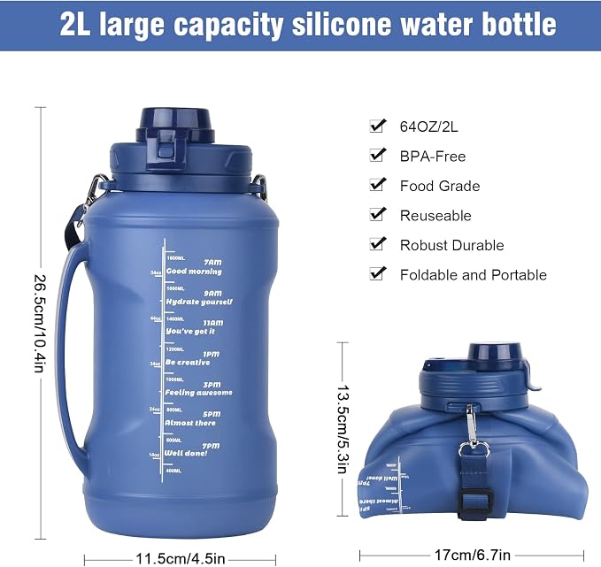 Collapsible Water Bottles, 2L/64OZ travel water bottle Bottle with Straw, Half Gallon Large Water Bottle for Travel Outdoor Sports Runing Fitness Yoga (Upgraded blue) - Image 5