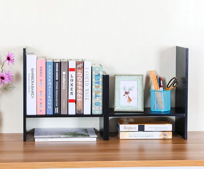 Adjustable Desktop Shelf Wood Small Bookshelf Desk Supplies Organizers and Accessories Storage Display Rack Office Decor, Black - Image 2