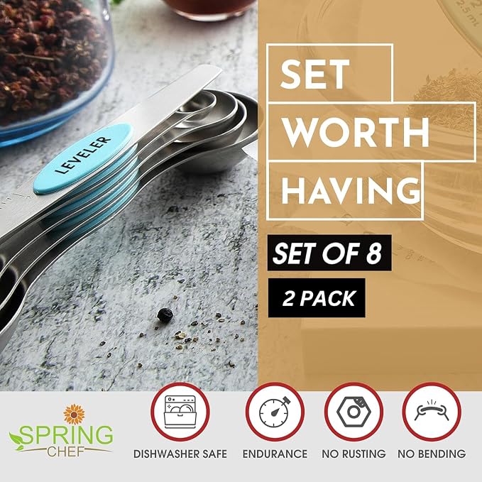 Spring Chef Stainless Steel 8 Magnetic Measuring Spoons, 2 Pack, Aqua Sky | Nesting Metal Teaspoon & Tablespoon Measuring Spoons with Leveler for Dry & Liquid Ingredients, Dual Sided, Dishwasher Safe - Image 2