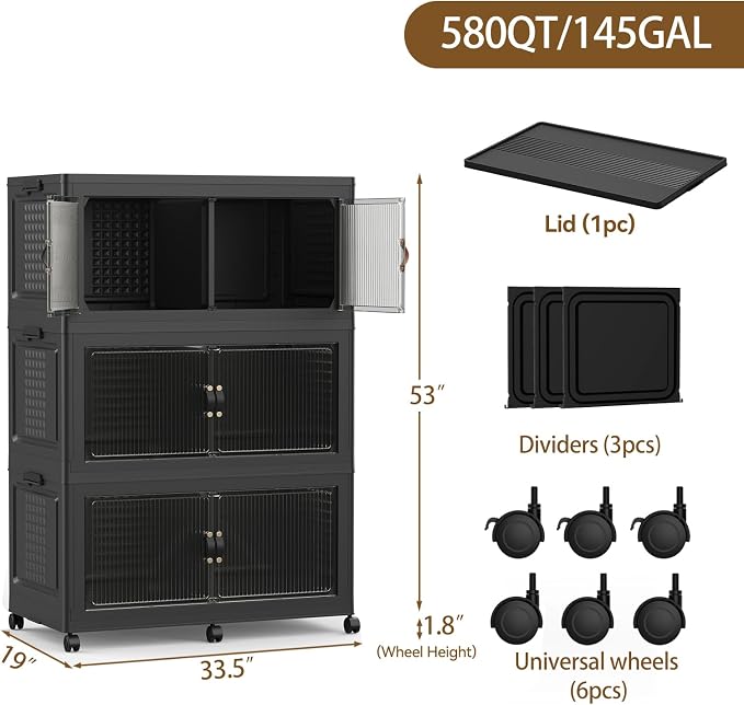 SAILUN 579Qt Stackable Storage Bins,Storage Cabinet with a Lid,3 Pack Black | Stackable Storage Drawers with Lids,33.5" W x 19" D x 53" H,Featuring open-front Access for Clothes and Closet Storage - Image 4