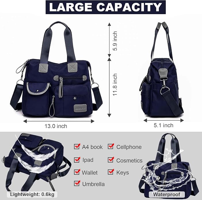 Tote Bag for Women,Multi Pockets Shoulder Handbag,Nurse Bag for Work,Large Cross body Purse,Fashion Nylon Top Handle Satchel - Image 6