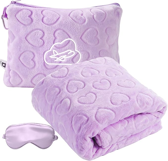 Travel Blanket, Airplane Blanket, Ultra-Soft, Warm & Lightweight, 65x40 in, Outdoor Blanket Essentials for Women, Men & Kids, Included Eye Mask, Luggage Sleeve & Backpack Clip Heart Purple by ENZOLVE