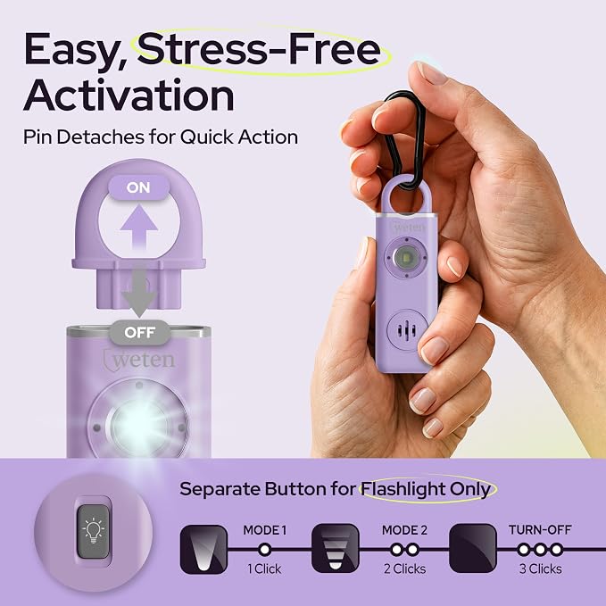 Rechargeable Personal Alarm Keychain for Women, 130dB Siren, Lavender | LED Light, Carabiner Clip, Low Battery Alert, USB-C Charging, TSA Safe Self Defense Whistle Alternative - Image 3