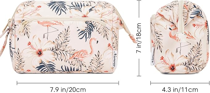 Narwey Women Makeup Bag Wide-open Make up Bag Travel Cosmetic Organizer Toiletry Bag for Cosmetics Toiletries Accessories (Beige Flamingo) - Image 6
