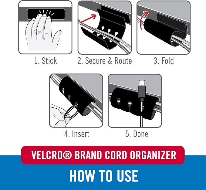 VELCRO Brand Cord Organizer for Desk Cable Management, Nightstand Organization, Unique Dual Function Cable Sleeve Cord Keepers Combo, Holds Wires for Easy Access, Route to Hide, Small 2pk Black - Image 4
