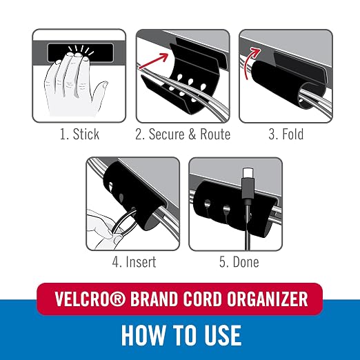 VELCRO Brand Cord Organizer for Desk & Nightstand, 5 Cable Slots with Sleeve Routing, Adhesive Wire Holder for Cord Management, Home, Workshop, Gaming & Office Essentials, Black 2 Pack - Image 4