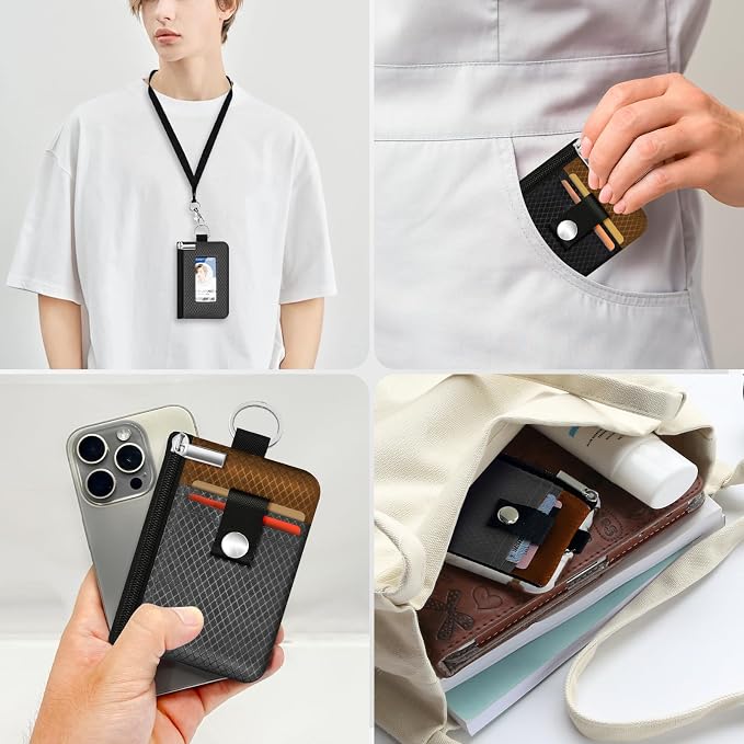 Minimalist RFID Blocking Small Wallet with ID Window,WaterResistant Zip Id Case Wallet with Lanyard Keychain for Cards,Cash,Travel,Women,Men（Drak Grey/Brown） - Image 8