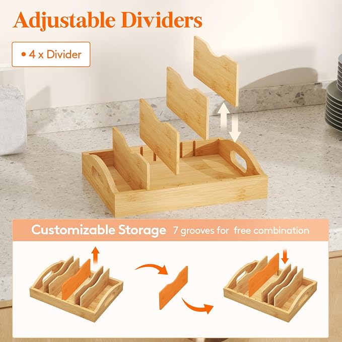 Lifewit Bamboo Lid Organizers for Inside Cabinet with 5 Sections | Food Container Lid Holder with 4 Adjustable Inserts, Kitchen Pantry organizer and storage, 10.6" X 8.3", Natural - Image 3