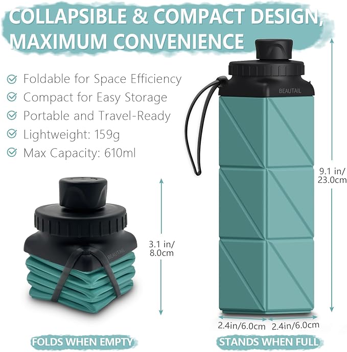 BEAUTAIL Collapsible Water Bottles 21 oz, Silicone Portable Water Bottle | BPA Free, Leakproof & Reusable, Foldable Water Bottle for Travel, Hiking, Camping, Cycling, School, 2-Pack, Blue+DarkBlue - Image 2