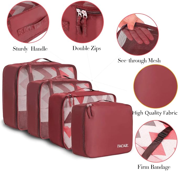 BAGAIL 8 Set Packing Cubes Luggage Packing Organizers for Travel Accessories-Wine Red - Image 4