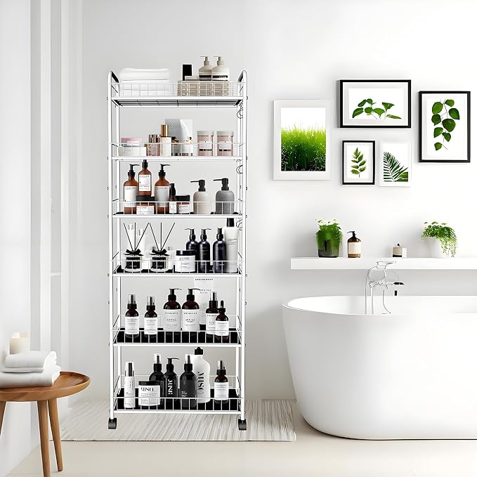 10in 6 Tier Slim Storage Cart with Wheels, Narrow Space Rolling Shelving Unit with Handle, Metal Wire Mobile Organizer Rack for Kitchen Bathroom Office Laundry - Image 3