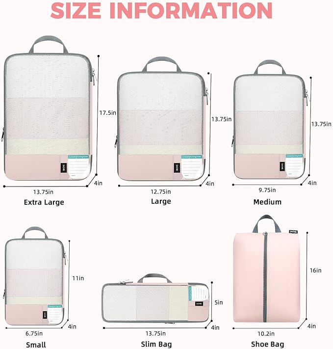 BAGAIL Lightweight Compression Packing Cubes for Travel, 6 Set, Pink | Salis Nylon Fabric,Anti-Tearing,Save Space,SBS Zippers,Packing List,PVC Tag Pocket,Custom Labels,Visible Mesh,Portable Handel - Image 5