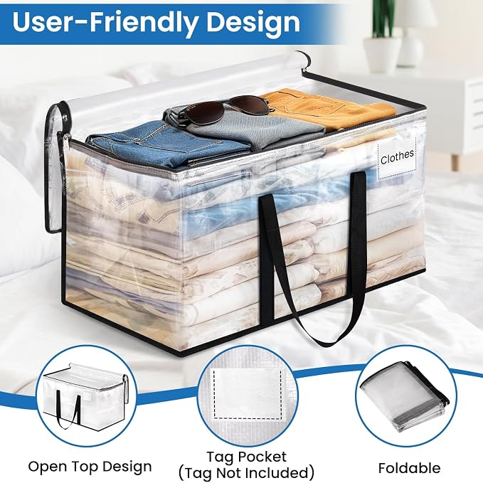 RoomHacks Moving Bags, Heavy Duty Large Storage Bags, 100L, 4 Pack, Clear | Water-Resistant Packing Bags with Reinforced Handles & Dual Zippers, Foldable Storage Totes for Dorm Move & Home Organization - Image 3
