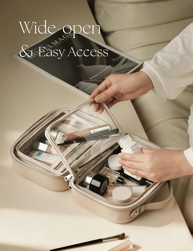 Clear Cosmetic Bag Double Layer 4 Compartments Travel Toiletry Bag Clear Makeup Bag Case with Zipper Transparent Travel Bag for Toiletries, Gift for Women Girls (Taupe, Small) - Image 2
