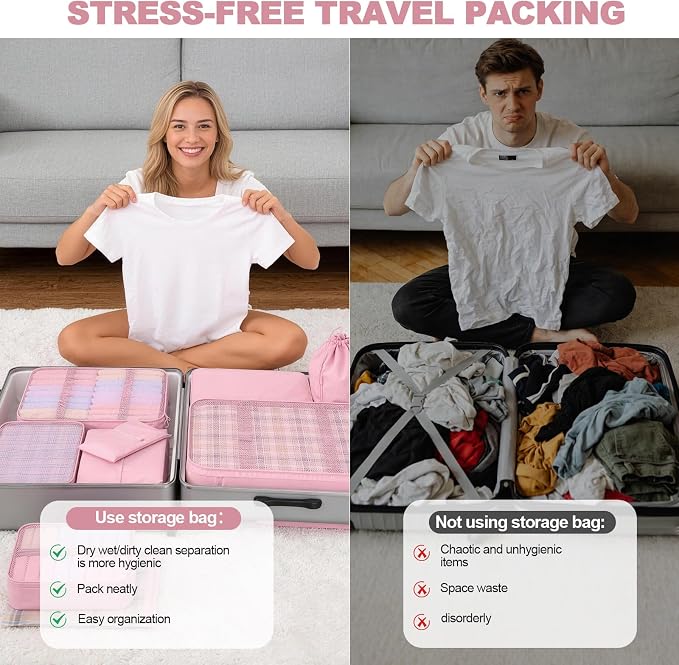8 Set Packing Cubes for Travel,Suitcase Organizer Bags for Luggage with Shoe & Hanging Toiletry Bag, Vacation Essentials & Accessories for Cruise Ship, Airplane Must-Have,Road Trip & Camp Gifts(Pink) - Image 6