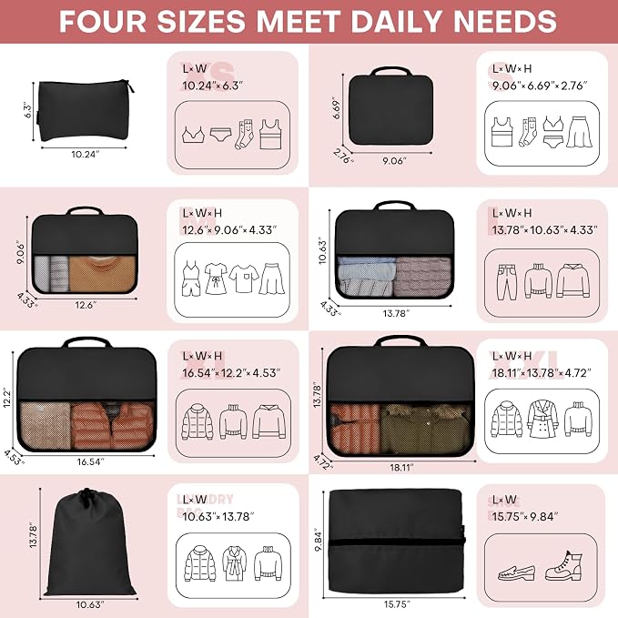 SDGFUI 8 PCS Compression Packing Cubes for Travel Women, Compression Organizer for Luggage Space Saving Travel Essentials and Carry on, Luggage Organizer Bags for Suitcase - Black - Image 2