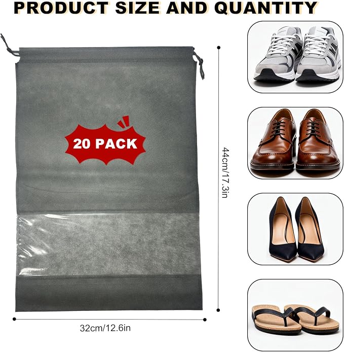 20 Pack Shoe Bags for Travel, 17" x 12.6" Drawstring Shoe Organizers with Clear Window, Breathable Non-Woven Dustproof Pouches for Luggage & Closet (Gray) - Image 2