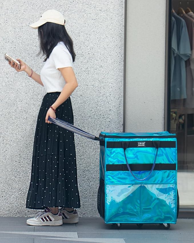 Reusable Grocery Bag with Wheels, Large Glitter Blue Rolling Tote | 8 Pockets, Zipper Cover, Foldable for Women, Kitchen, Travel, Carries Up to 76LBS - Image 4