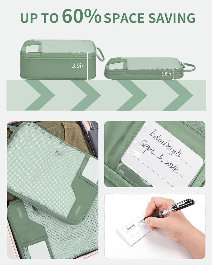 ECOHUB 4 Set Compression Packing Cubes for Travel Essentials, Suitcases Organizer Bags with Tag, Travel Bags Organizer for Luggage, Green-Compress - Image 2