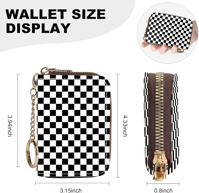 Credit Card Holder for Women,Small Rfid Wallet with Keychain Zipper,Cute PU Leather Card Case Wallet，Accordion Credit Card Wallets Gift,Checkered Pattern - Image 4