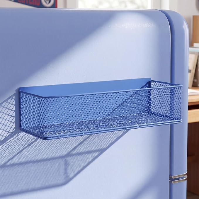 FoldTier 1 Pack Blue Magnetic Basket Dorm Mini Fridge Shelf Organizer Kitchen Storage Bin Container Spice Holder for Locker Refrigerator Pantry Dorm Essentials (13.8 x 3.1 x 4.9 Inch) by FoldTier