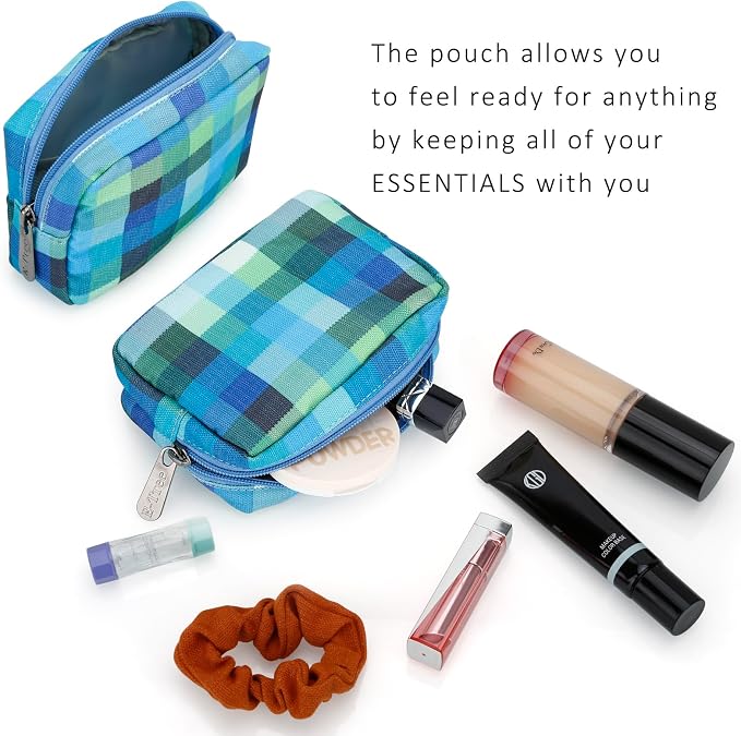 E-Tree Cute Small Makeup Bag,Cosmetic Toiletry Make up Little Items Pouch for Purse,Zipper Mini Tech Charger Cable Electronic Organizer Case,Travel Accessories for Women Men Teen,Blue Checkered - Image 2