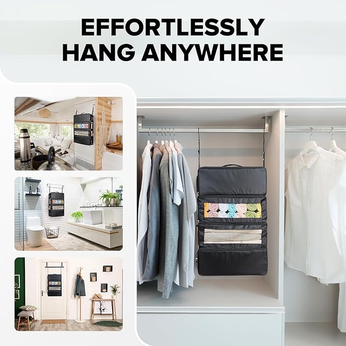 Suitcase Organizer, Travel Luggage Organizer Hanging Shelves Packing Cube Closet/Collapsible Portable Travel Organizer for Carry-on, Large, Black - Image 4