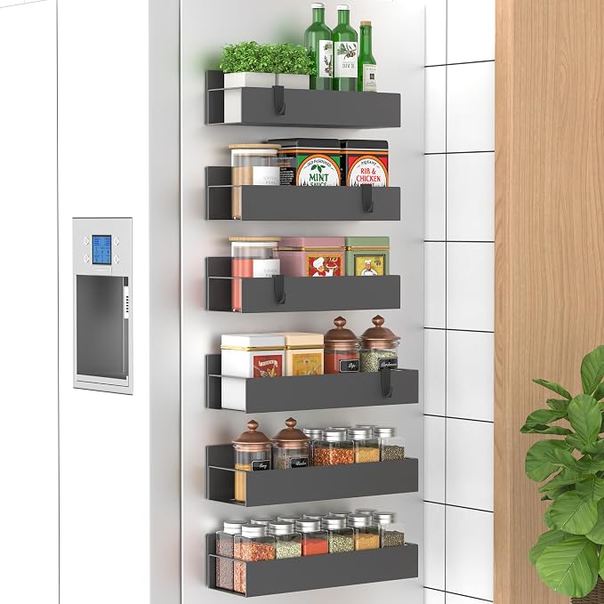 HuggieGems Metal Magnetic Spice Rack for Refrigerator Dark Gray, 6 Pack | Magnetic Shelves Heavy Duty for Fridge in Kitchen, Seasoning Storage Organizer, For Oven Washer and Dryer, For Heavier Items by HuggieGems
