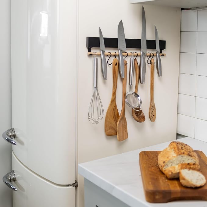 Premium Magnetic Knife Holder for Refrigerator with Hooks – 16 Inch Professional Double Sided Black Magnetic Knife Strip and utensil hanger for Fridge-Stainless Steel Magnet Knife Bar Wall - Image 2