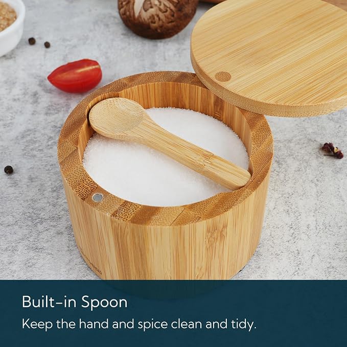 KITCHENDAO Bamboo Salt Cellar Bowl Box Container with Built-in Spoon, Elegant Kitchen Salt Dish Holder Saver Jar with Swivel Magnetic Lid to Storage Pepper Spice, 6OZ - Image 3