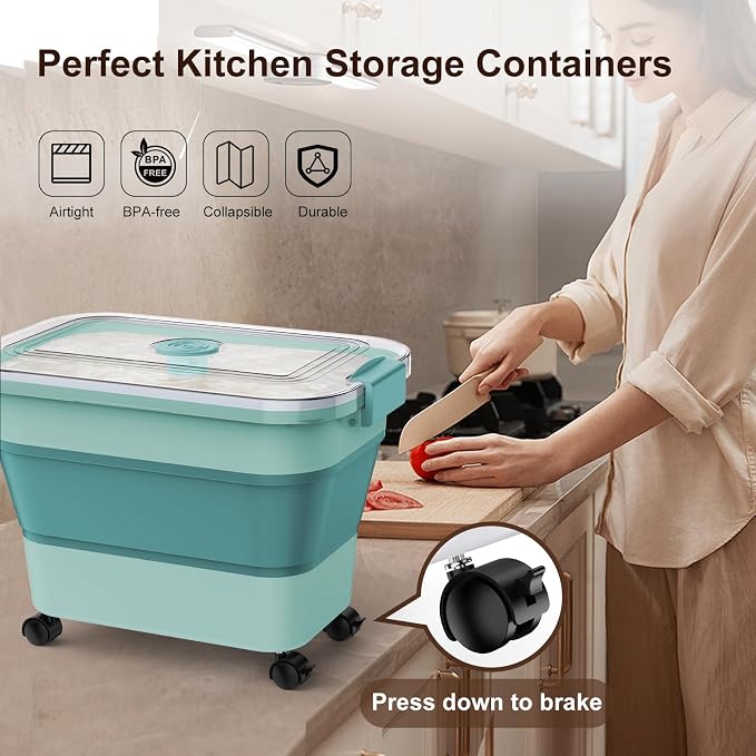 Rice Storage Container, Collapsible Airtight Food Storage Containers 20-30lbs with Clear Lid and Wheels, Rice Dispenser with Scoop for Flour Cereal Pasta Grain, Cat Pet Bird Dog Food Storage Container - Image 6