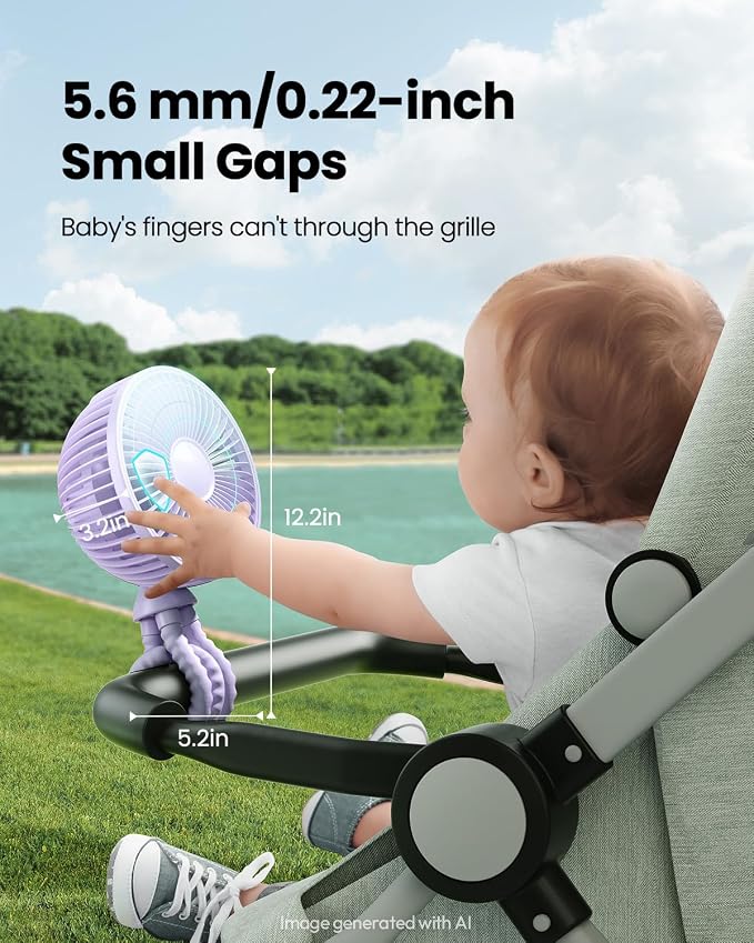 Gaiatop Oscillating Baby Stroller Fan with LED Lights, Rechargeable Purple | 4-Speed Quiet Cooling, 4.6 In, Battery Operated, 360° Rotate Clip On Small Portable Fans for Car Seat Crib Treadmill Travel - Image 3