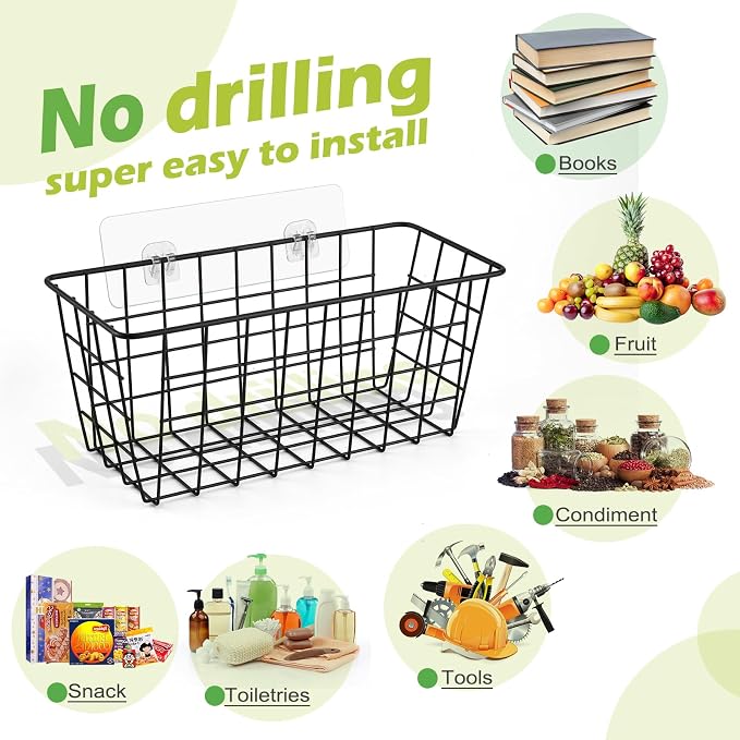 ZUSHALLMY 2 Pack Hanging Kitchen Baskets, Adhesive Wire Wall Storage Basket, No Drilling Hanging Fruit Baskets, Cabinet Door Organizer for Kitchen Bathroom Pantry, Upgrade Super-sized Adhesive - Image 3