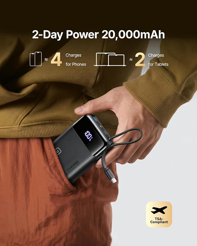 INIU 20000mAh Portable Charger, Smaller 45W Fast Charging Travel Power Bank | Flight-Safe, Built in USB-C Cable, Travel Essential, Battery Phone Pack for iPhone 17 16 Pro, Samsung S26, iPad etc - Image 4