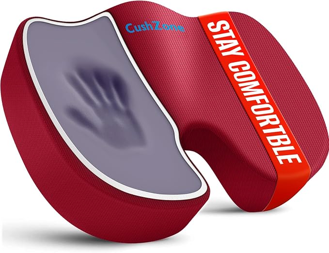CushZone Memory Foam Seat Cushion for Office Hair, Car & Wheelchair, Red | U-shaped Coccyx Cutout, Contoured Design, Breathable Removable Mesh Cover, Non-Slip Base, Carry Handle by CushZone
