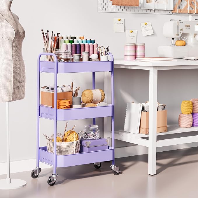 TOOLF 3 Tier Metal Rolling Cart, Utility Storage Cart with Wheels, Purple | Screwless Assembly, Lockable Metal Wheels, Trolley Organizer for Bathroom, Kitchen, Office, Dorm, Laundry, Craft Room - Image 6