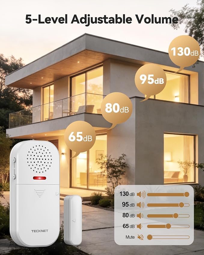 TECKNET Door Alarms for Kids Safety, 130dB Loud Adjustable Volume Window Alarm with Flashing LED, 4 Modes Door Alarm with Remote 60m/200ft, Easy to Install for Home Security - Image 2